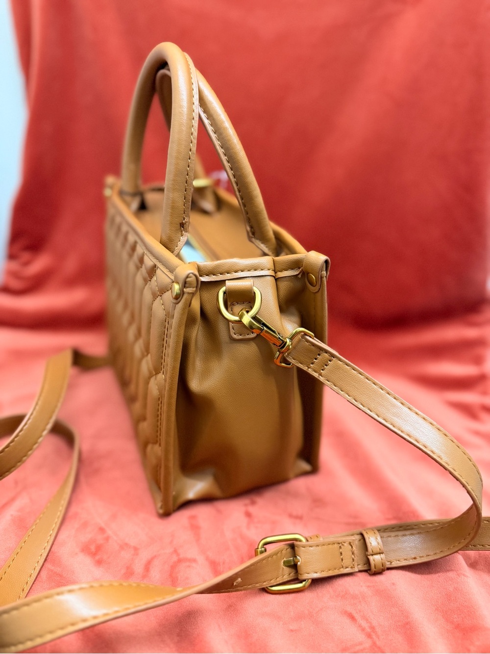 Steve Madden Quilted Caramel Tan Satchel with Crossbody Strap - Picture 2 of 4
